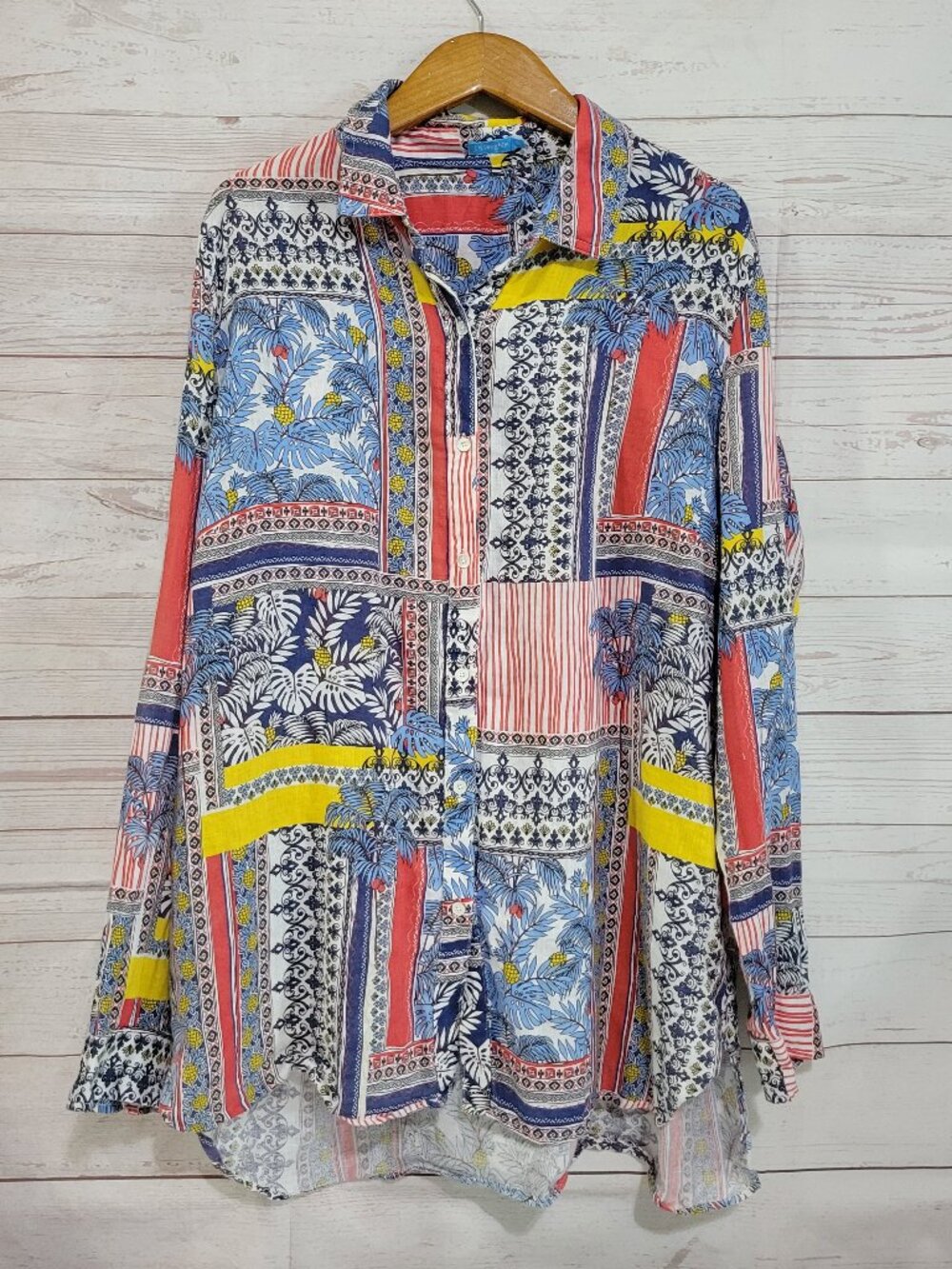 J McLaughlin Britt 100% Linen Top Womens XL Multicolor Mixed Print Preppy Button
